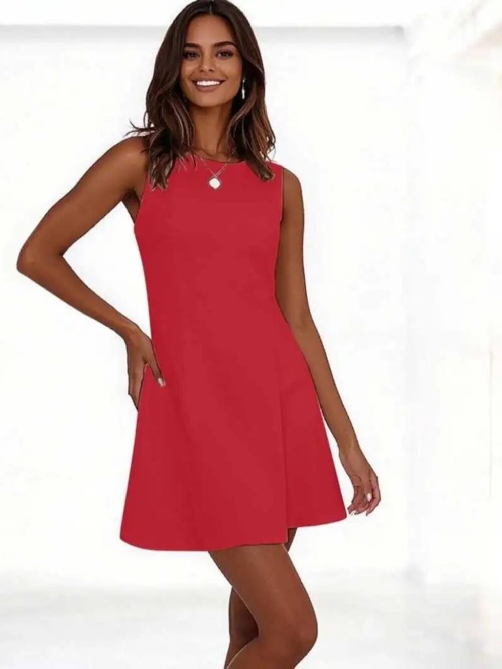 Women's Stunning Red A-Line Sleeveless Dress with Rose Detail